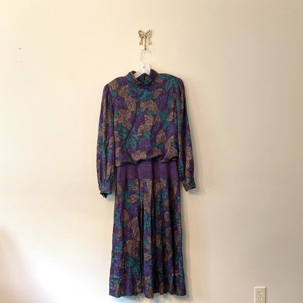 PATTY O'NEIL Blouson-Drop Waist Dress with Suede Middle; 80’s Vintage